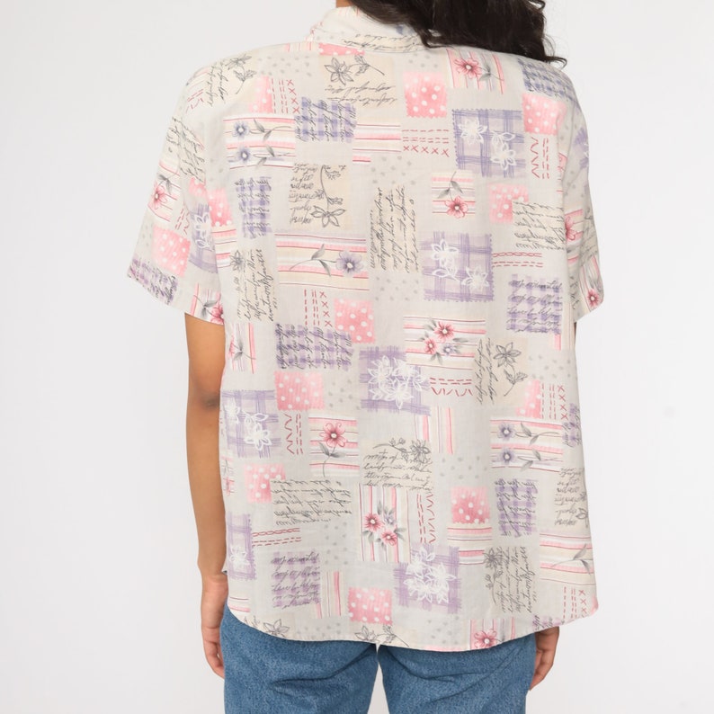 90s Button Up Shirt Pink Floral Blouse Short Sleeve Top Grunge Boho 1990s Vintage Bohemian Large L image 5