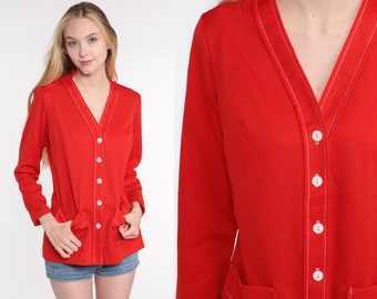 Vintage 70s Top Red Button Up Shirt Polyester Blouse Mod Disco 1970s V Neck Pocket Vintage Long Sleeve Retro Hipster Plain Medium