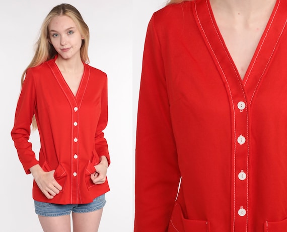 Vintage 70s Top Red Button Up Shirt Polyester Blouse Mod Disco 1970s V Neck Pocket Vintage Long Sleeve Retro Hipster Plain Medium