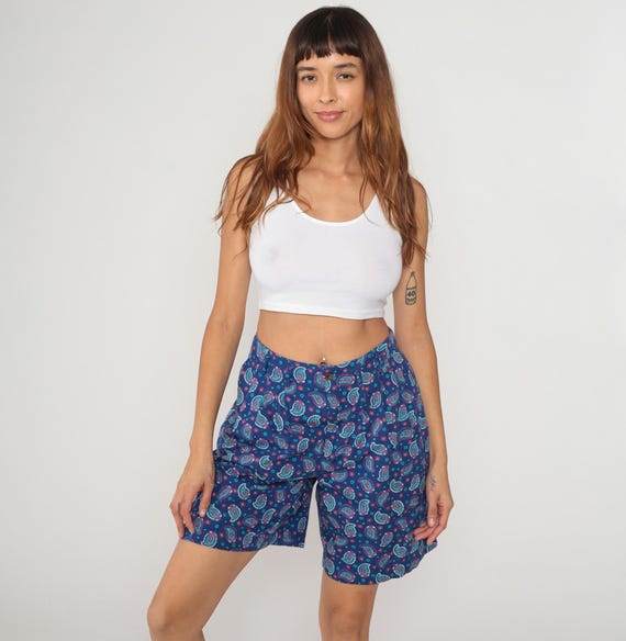 90s Paisley Shorts High Waisted Cotton Blue Navy Colorful Print Casual Summer Vintage Petite High Rise Relaxed Fit Preppy Style Medium M