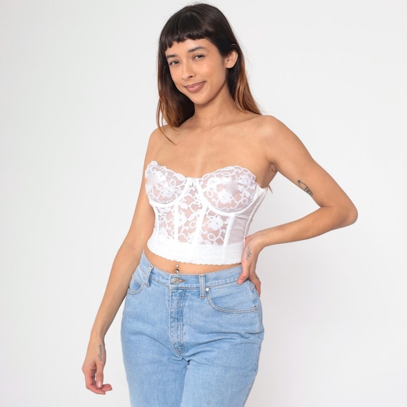 Vintage Lace Bustier Corset 36C Sheer White Lingerie Bra Boned 80s Strapless Top Sweetheart Neckline 1980s Cinched Waisted 36 C