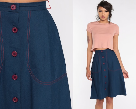 70s Midi Skirt 2xs Dark Blue Mod Skirt High Waisted Plain Pocket Hippie Retro Vintage Bohemian Simple Extra Small xxs