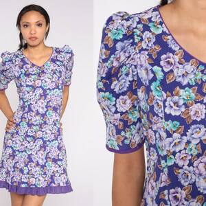 80s Puff Sleeve Dress Purple Floral Mini Dress Retro Boho Shift Dress Hippie Party Summer Ruffled Dress Girly Vintage 1980s Cotton 7 Medium