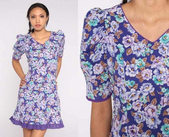 80s Puff Sleeve Dress Purple Floral Mini Dress Retro Boho Shift Dress Hippie Party Summer Ruffled Dress Girly Vintage 1980s Cotton 7 Medium