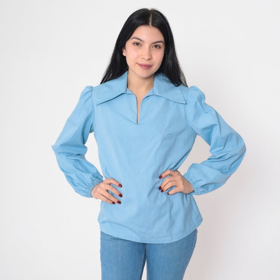 Baby Blue Shirt 70s Blouse Puff Sleeve Top Collared V Neck Retro Boho Peasant Simple Seventies Long Sleeve Poet Plain Vintage 1970s Medium M