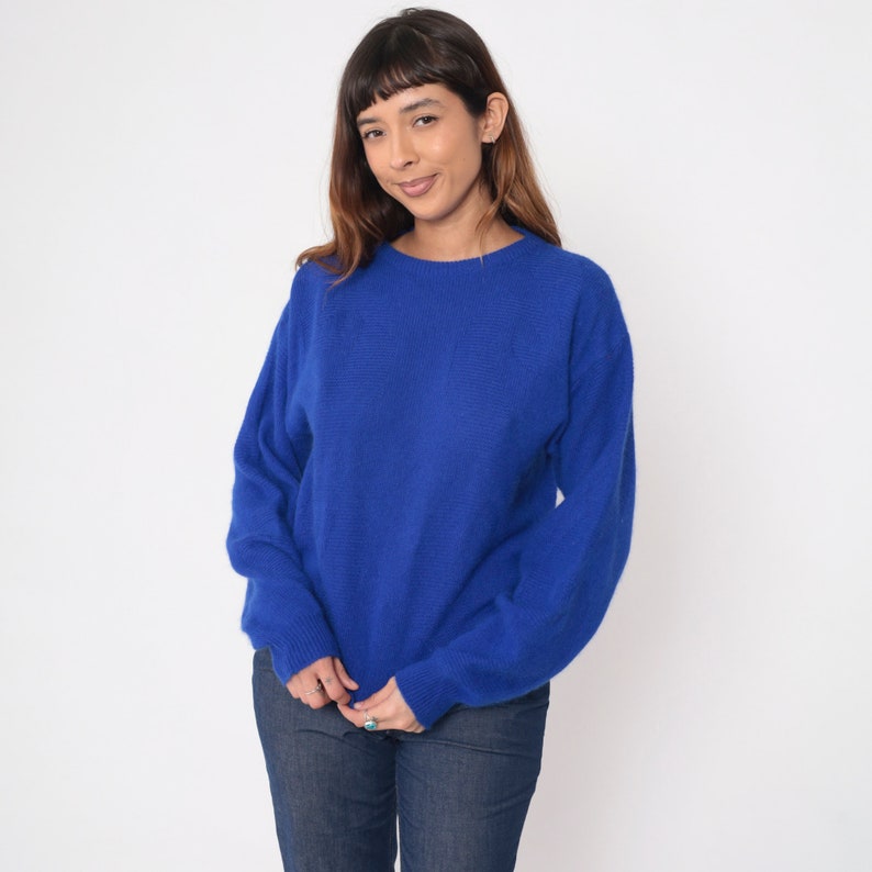 Royal Blue Angora Wool Sweater 90s Textured Swirl Knit Pullover Cozy Plain Vintage Knitwear Pierre Cardin Jumper 1990s Retro Basic Medium M image 5