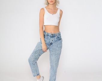 Vintage Acid Wash Jeans 80s Chic High Waist Mom Jeans Blue Denim High Waist Jeans 1980s Tapered Denim Pants Medium