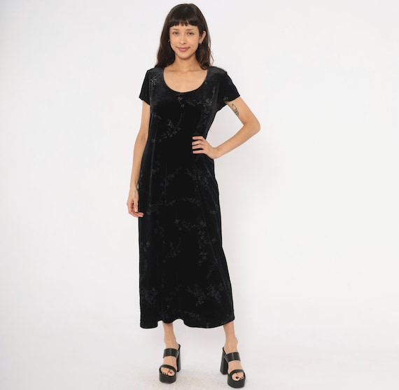 90s Velvet Maxi Dress Black Floral Burnout Short Sleeve Goth Vine Print Dark Cottagecore Witchy Grunge Column Frock Vintage Large L
