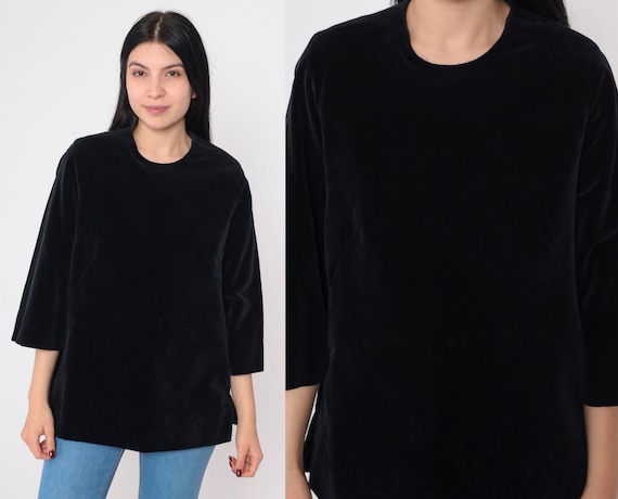 Black Velvet Blouse 60s Top 3/4 Sleeve Shirt Basic Plain Simple Minimalist Gothic Formal Goth Party Chic Cocktail Boho Vintage 1960s Medium