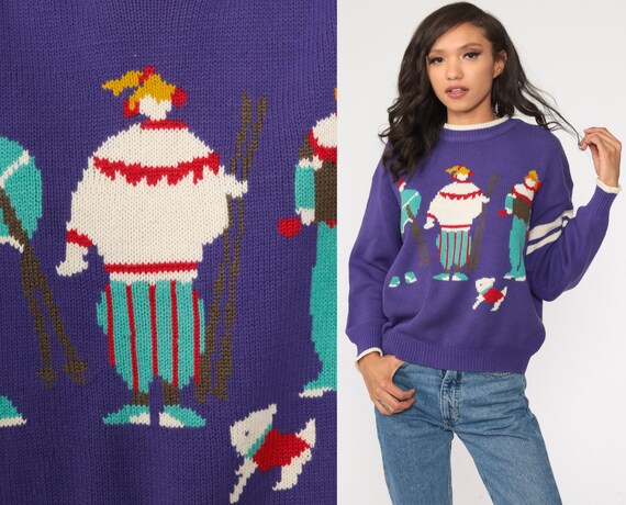 90s Ski Sweater -- Purple Winter Sweater Knit Skii