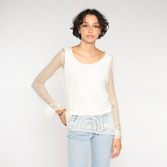 White Crochet Shirt Y2K Boho Blouse Long Sheer Sleeve Cutout Top Bohemian Hippie Summer Festival Cut Out Open Weave Vintage 00s Medium M