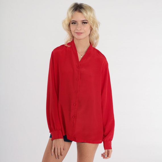 Red Blouse 80s BUTTON UP Shirt 1980s Pendleton Blouse Vintage Plain Simple V Neck Collarless Shirt Retro Long Sleeve Medium
