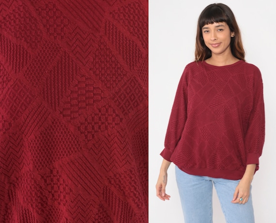 Dolman Sleeve Top 80s Deep Red Textured Shirt Slouchy Blouse Patchwork Crewneck 1980s Slouch 3/4 Sleeve Burgundy Extra Large xl