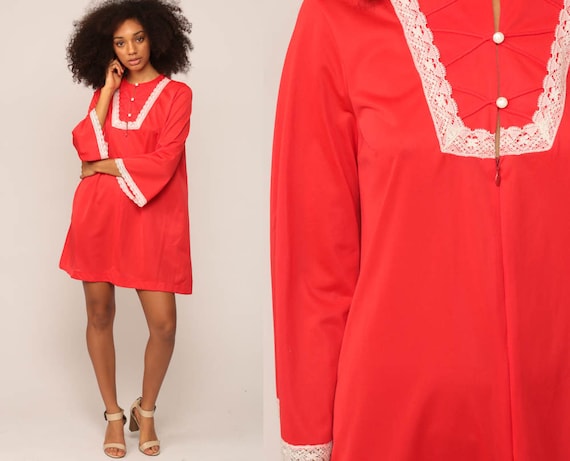 Lingerie Nightgown Slip Dress Red Nylon Nightgown Lingerie 70s Lace Mini Nightie Boho Hippie 1970s Vintage Zip Button Up Large