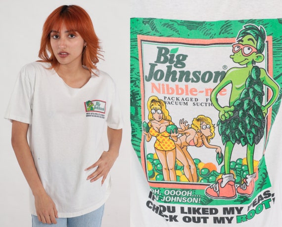 Vintage 90s Big Johnson Shirt Green Johnson Joke T-Shirt Graphic Tee Retro Funny Green Giant Peas Tshirt White Kinky Vintage 1990s Large L