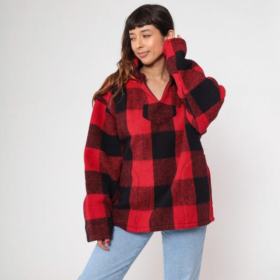 Buffalo Plaid Hoodie 90s Red Black Fleece Pullover Grunge Sweatshirt Front Pocket Vintage Cozy Grandpa Sweater Checkered Warm Fuzzy Large L