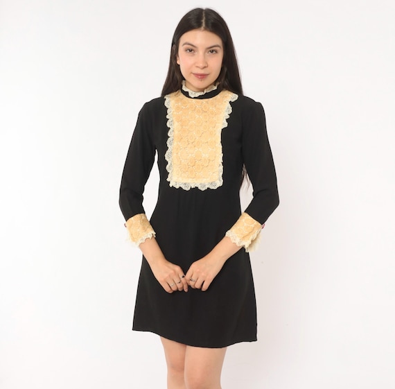 60s Goth Mini Mod Babydoll Dress Lace Bib Black Cream Shift Coquette Ruffle Cuff Victorian Gothic Whimsigoth Witchy Fall Vintage Extra Small