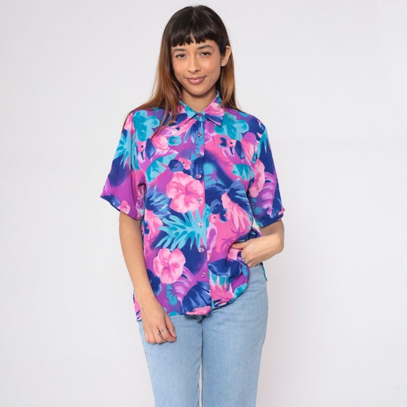 Colorful Hawaiian Blouse 90s Button up Shirt Bright Pink Purple Blue Hibiscus Flower Leaf Print Top Summer Short Sleeve Vintage 1990s Small