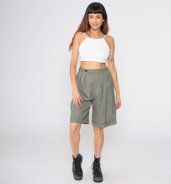 90s Checkered Shorts Houndstooth Pleated Trousers Shorts Black White Bermuda Short High Waist Preppy Mid Length 1990s Medium 29
