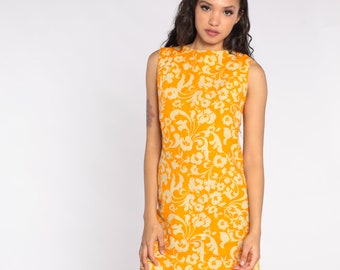 Vintage Mod Mini Dress 60s Orange Floral Shift Dress Flower Print Dress Boho Hippie 1960s Gogo Sixties Minidress Sleeveless Extra Small XS