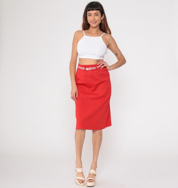 80s Red Pencil Skirt High Waist Belted White Stripe Chain Detail Power Dressing Secretary Professional Office Business Vintage Medium M