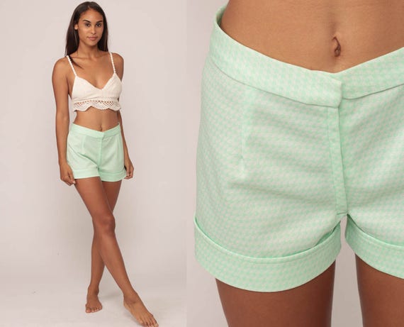 Pastel Shorts 70s High Waisted Hot Pants Mod MINT Green Checkered Boho Hippie Retro 1970s Hipster Vintage Bohemian Hotpants Medium
