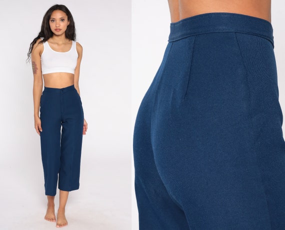 70s Straight Leg Pants -- 1970s Navy Blue Trousers Creased Ankle Straight Leg Trousers High Rise Waist Pants Vintage Extra Small xs