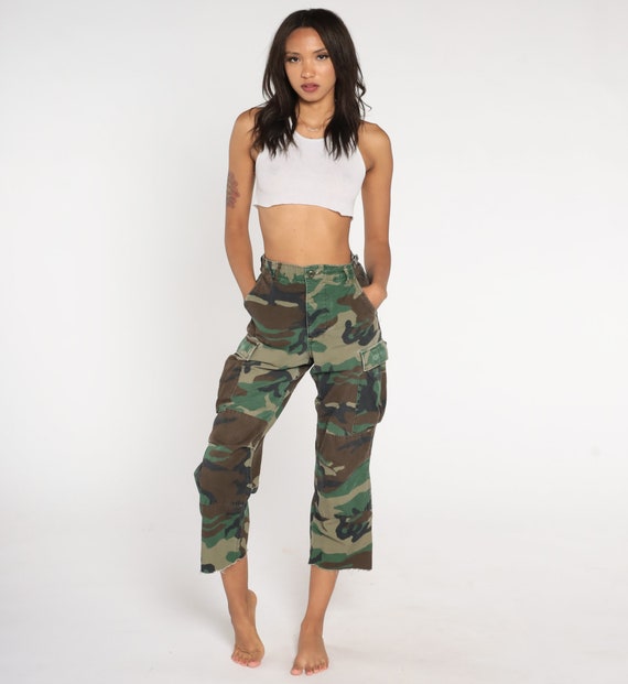 Camo Army Capri Pants 90s Cargo Pants Military Combat Olive Green