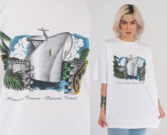 Panama Canal Shirt 90s Princess Cruises T-Shirt Cruise Ship Graphic Tee Retro Tourist Travel Tshirt Single Stitch White Vintage 1990s XL