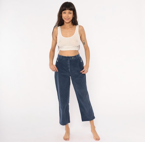 Navy Corduroy Trousers 80s Tomboy Brand High Waist Cropped Pants Straight Leg Cotton Slate Blue Snap Pocket Vintage Dark Academia Small S