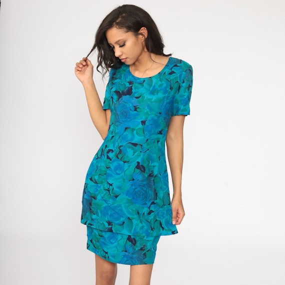 Watercolor Rose Dress Blue Floral Dress 80s Mini Sheath Short Sleeve 1980s Vintage Minidress Small S