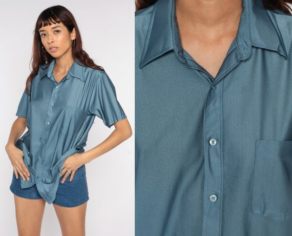 Blue Button Up Shirt 70s Shiny Shirt Pointed Collar Hippie Boho 1970s Shirt Disco Top Vintage Collared Plain Short Sleeve Mens Medium M 15.5