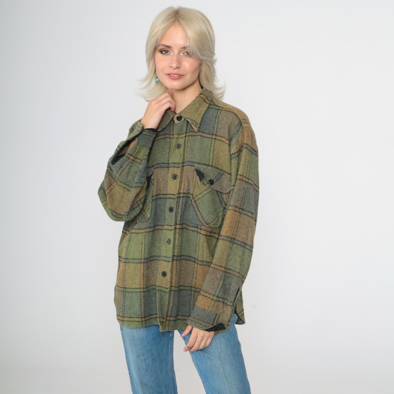 Vintage 80s Plaid CPO Shirt Jacket Wool Blend Green Brown Button Up Oversized Flannel Chore Shacket Workwear 1980s Men's Medium M