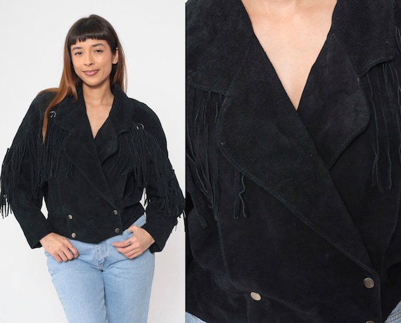 Suede Fringe Jacket 90s Black Leather Cropped Jacket Concho