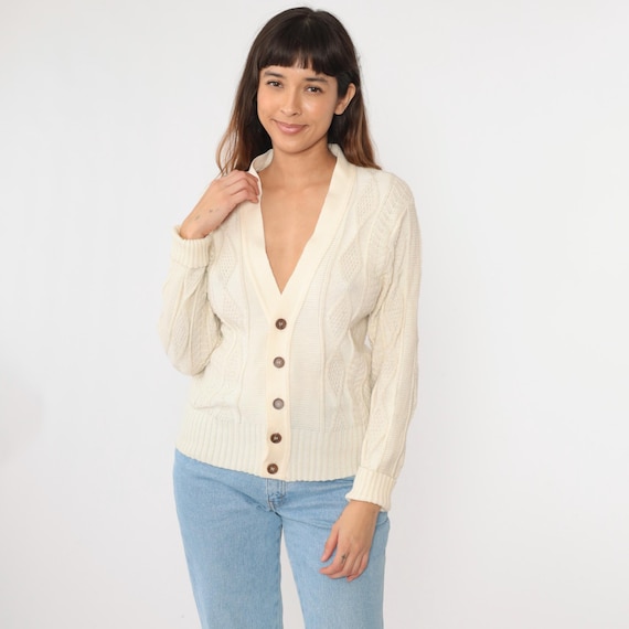 Vintage Cream Sweater Cardigan 70s Sweater Textured Diamond Button Up Sweater V Neck Boho 1970s Retro Bohemian Small S