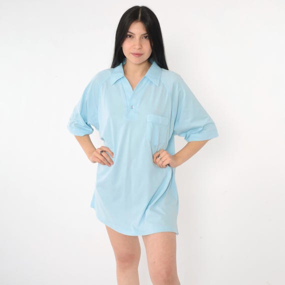 Vintage Baby Blue Polo Shirt 90s Button Up Shirt Retro Collared Shirt 1990s Short Raglan Sleeve Tee Plain Men's Extra Large xl