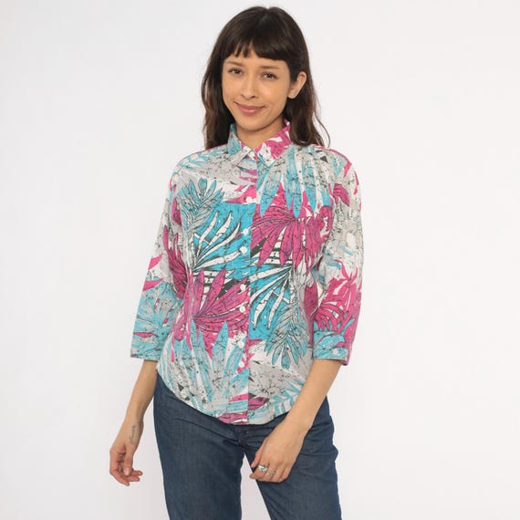 Tropical Leaf Shirt 90s Button Front Blouse Pink Teal Batik Print Three Quarter Sleeve Cotton Top Botanical Palm Frond Hawaiian Medium M