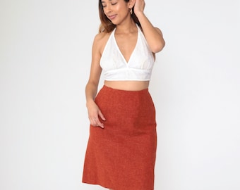Mini Pencil Skirt 70s Rust Orange Flecked Wool Blend 60s High Waisted Pencil Skirt Preppy Wiggle Secretary Vintage 1970s extra small xs