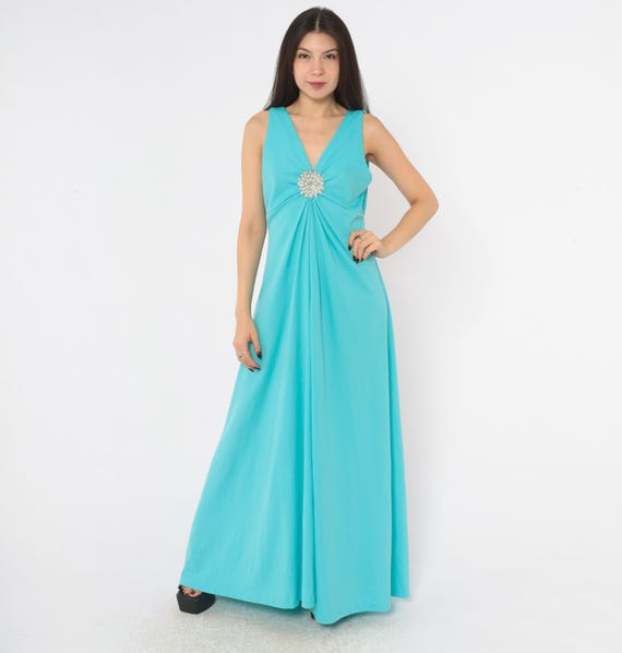 70s Turquoise Maxi Dress Rhinestone Brooch Deep V Neck Sleeveless Aqua Blue Gathered Empire Waist A Line Gown Disco Teal Vintage Large L