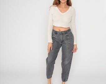 Pantalones deportivos de mezclilla de los años 80, de algodón gris, de cintura alta, con puños elásticos, estilo vintage, cintura con cordón, corte holgado, pierna cónica, estilo atlético, talla mediana M