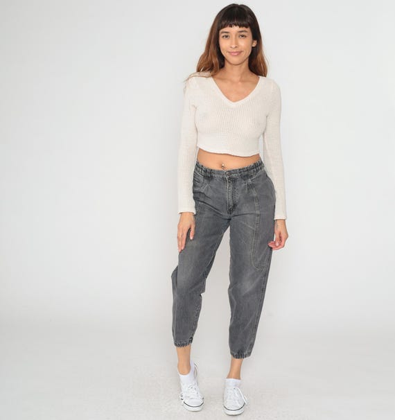 80s Denim Joggers Gray Cotton High Waisted Elastic Cuff Cropped Pants Vintage Drawstring Waistband Relaxed Fit Tapered Leg Athletic Medium M