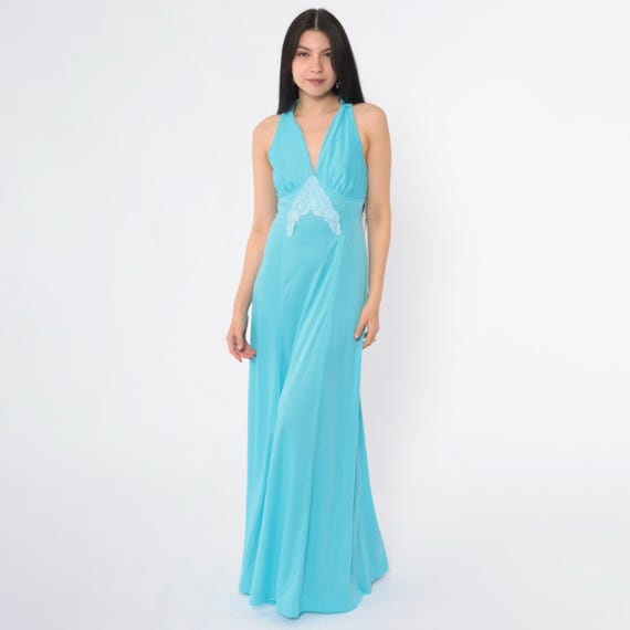 Vintage 70s Disco Party Dress Blue Lace Grecian Gown Long V Neck Maxi Dress Empire Waist Sleeveless Retro Cocktail Evening 1970s Small