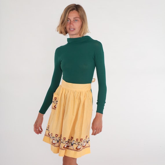 70s Apron Skirt Yellow Gingham Half Apron Open Back Diner Waitress Uniform Floral Heart Cartoon Child Print Pinafore Midi Vintage 1970s XS