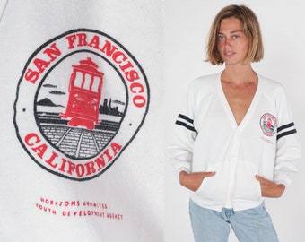 Cardigan sweat San Francisco années 80 Californie pull boutonné phare chemise graphique rayé touriste rétro blanc vintage des années 1980 grand