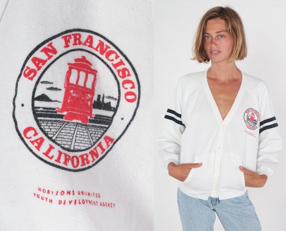 San Francisco Cardigan Sweatshirt 80s California Button up Sweater Lighthouse Graphic Shirt Striped Tourist Retro White Vintage 1980s Large Etsy Ireland
