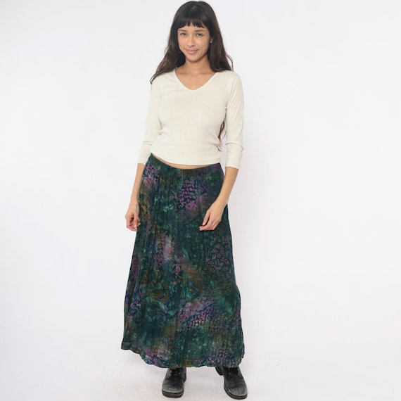90s Hippie Skirt Abstract Geometric Print Dark Green Teal Purple Elastic Waist Long Vintage Cottagecore Festival Bohemian Medium Large L