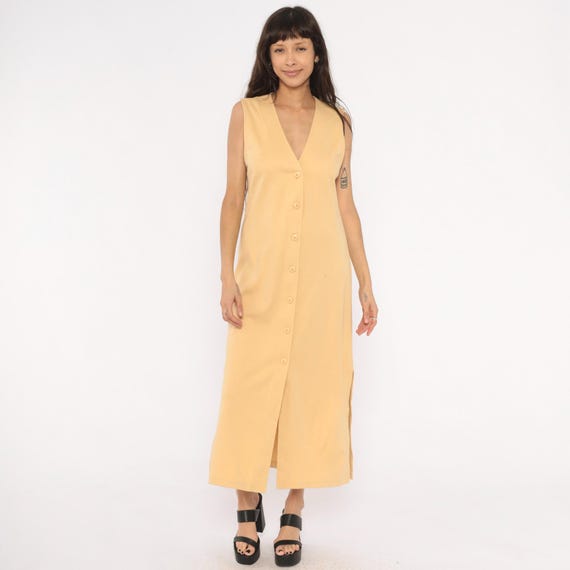 90s Button Front Maxi Dress Tan Sleeveless V Neck Column Sand Beige Weekenders Minimal Shift Camel Ankle Length Neutral Vintage Small S