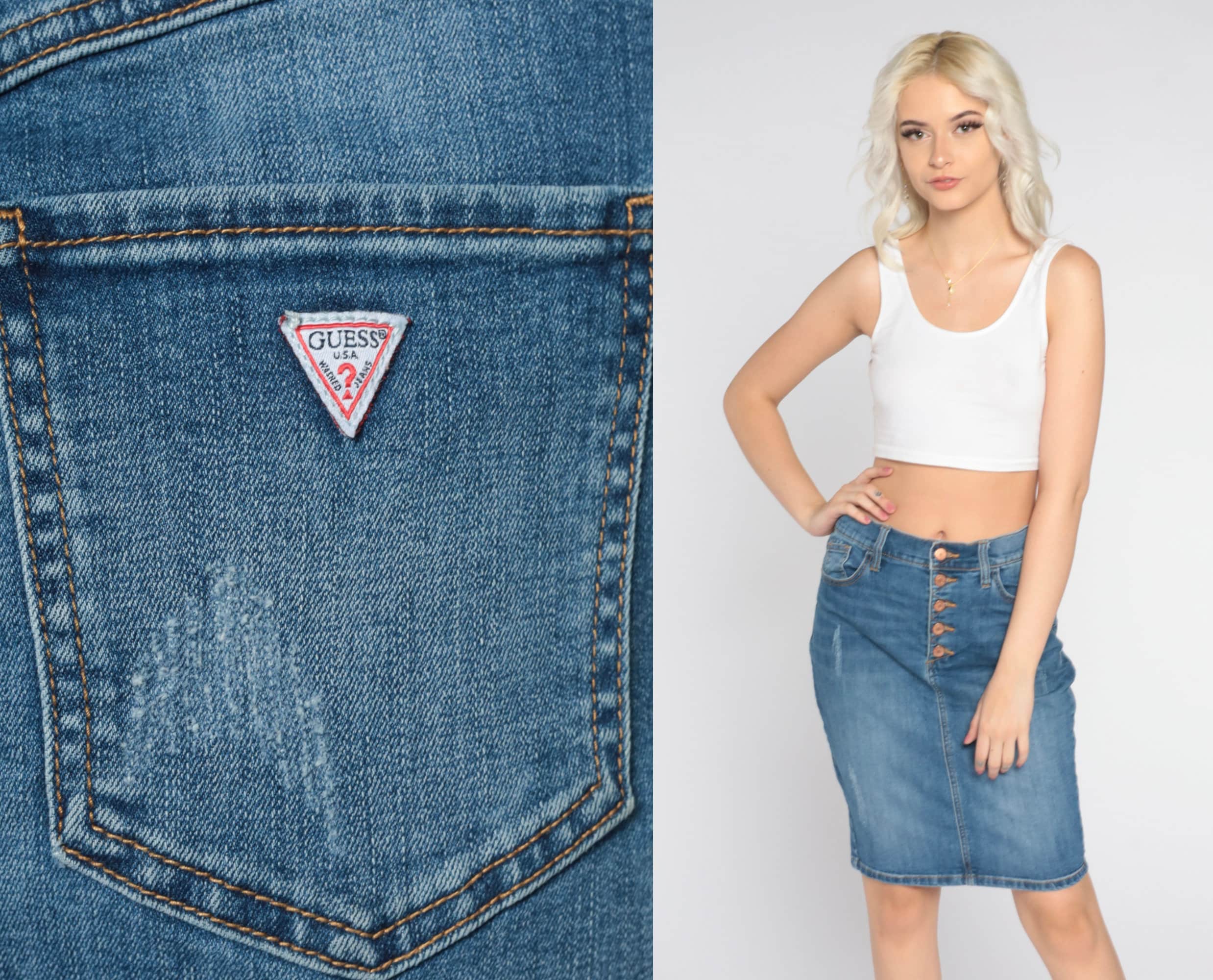 Guess Jean Skirt Y2k Denim Mini Skirt Retro Blue Pencil Skirt Jeans High Waisted Button Fly Casual Summer Vintage 00s Streetwear Medium 29 Etsy Canada