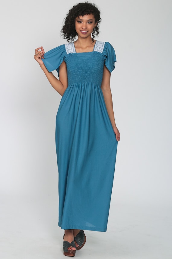 Long Blue Dress 70s Boho Maxi Dress Smocked Dress Party Flutter Sleeve Lace Trim Grecian 1970s High Waist Empire Waist Extra Small xs