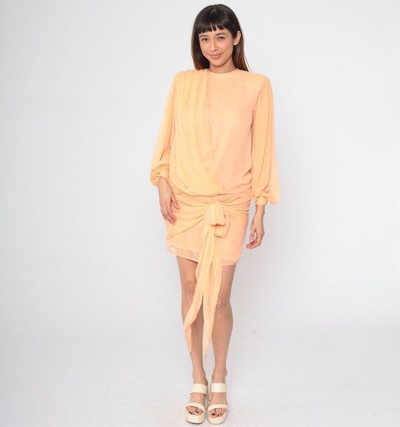 Peach Chiffon Dress 80s Shift Dress Draped Grecian Dress Long Puff Sleeve Sheath Layered Party Dress Evening Going Out Vintage 1980s Small